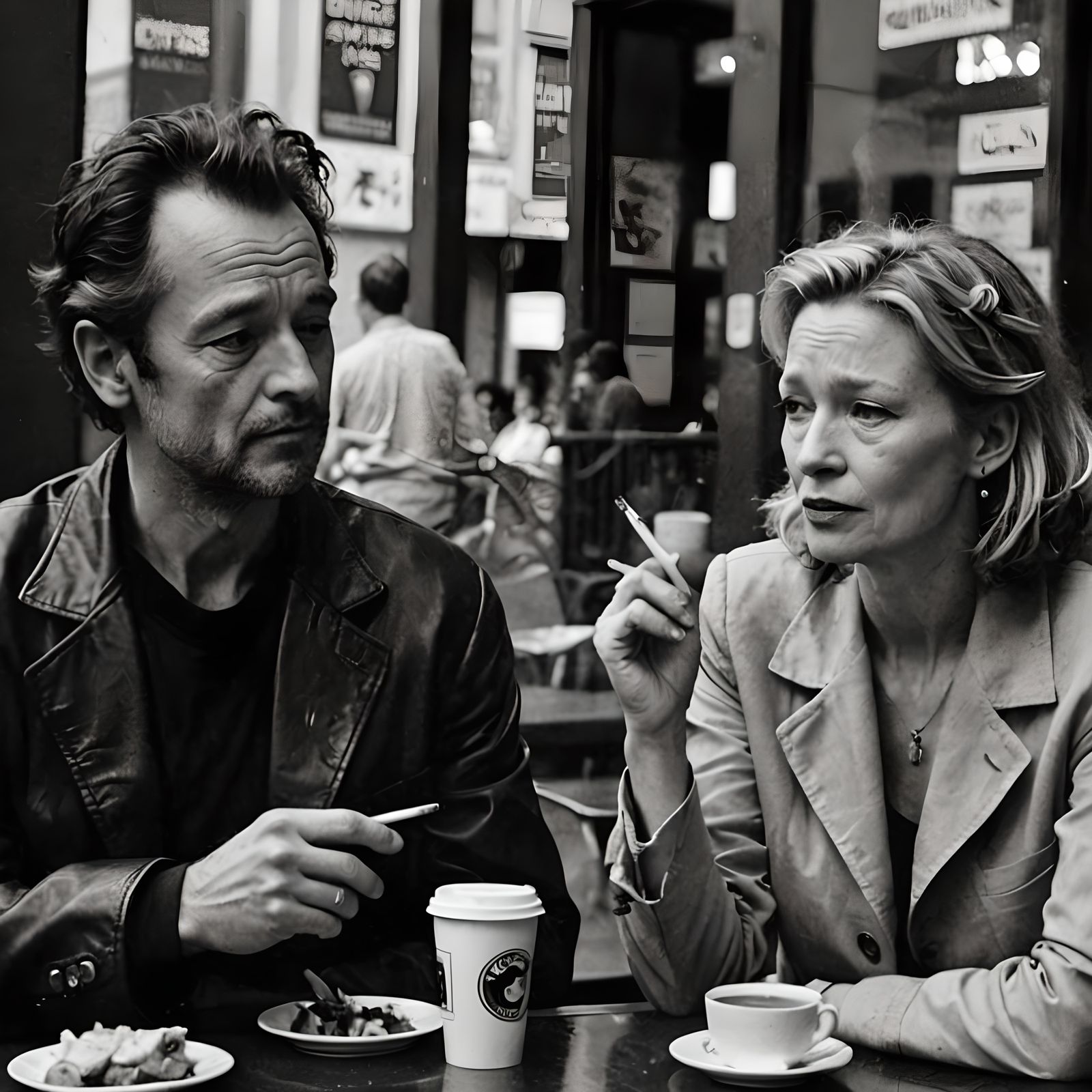 Black and White Film Still of Coffee and Cigarettes