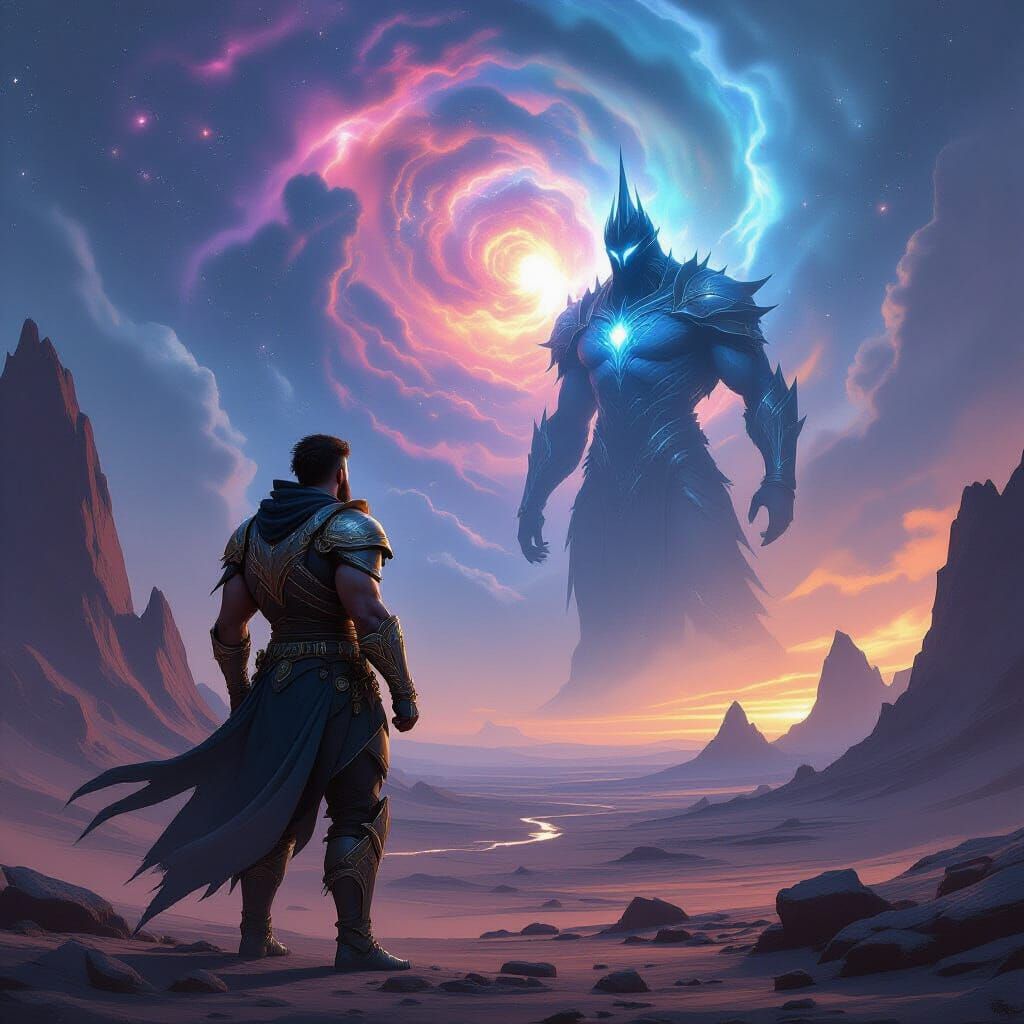 Warrior on Alien Planet Gazing at Celestial Being