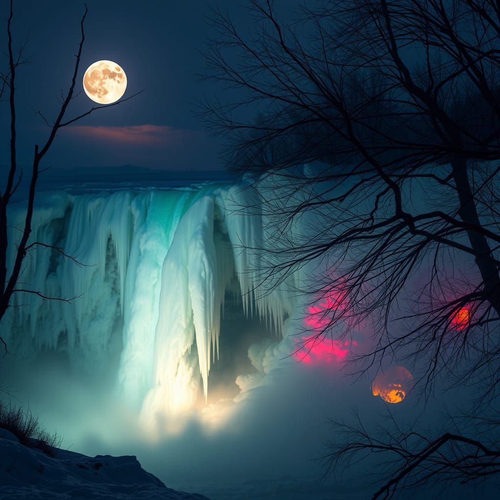 Frozen Waterfall in Ethereal Moonlight