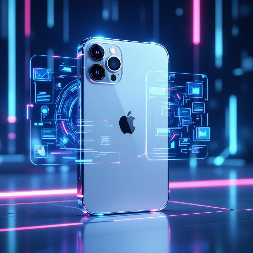 Futuristic Apple Device with Holographic Interface