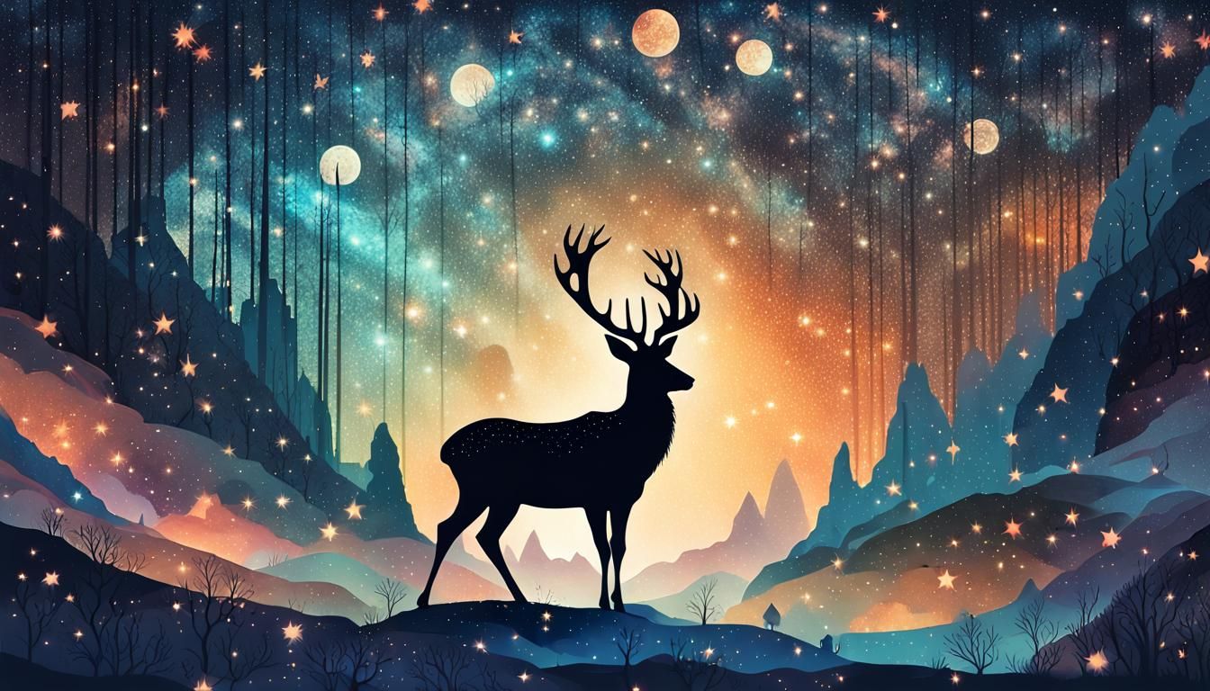 Deer Silhouette's Whimsical Galaxy Adventure: Anime Art