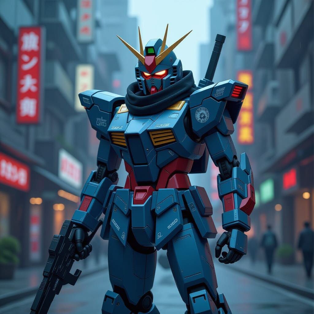 Gundam Ninja in Cyberpunk City, Syd Mead Style