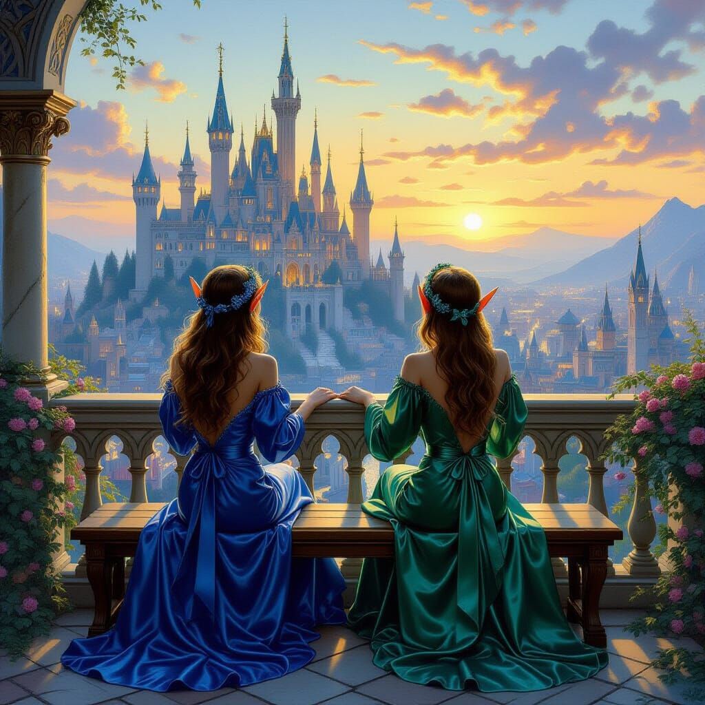 Elves Watch Sunrise Over Fantasy City