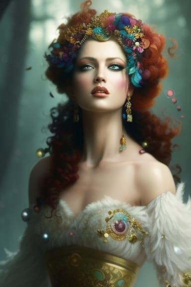 Red-Haired Queen with Rainbow Gems, Digital Art