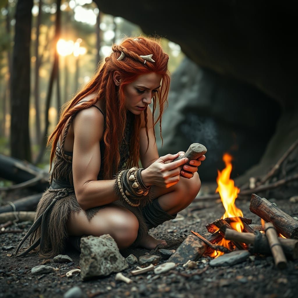 Prehistoric Woman Crafts Stone Tool by Firelight in a Forest...