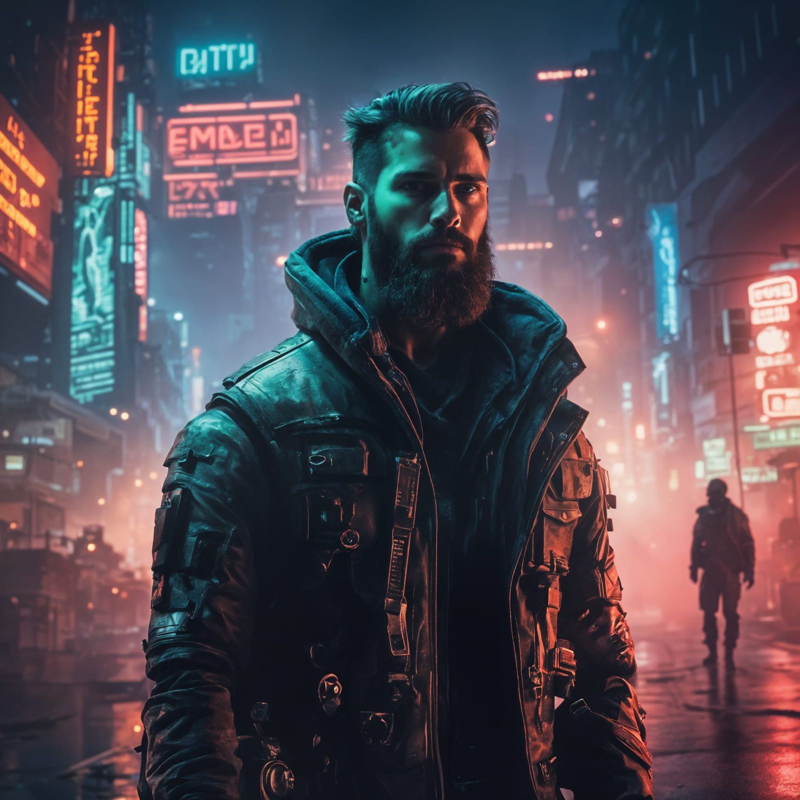 Cyberpunk Soldier in Neon Futuristic Cityscape