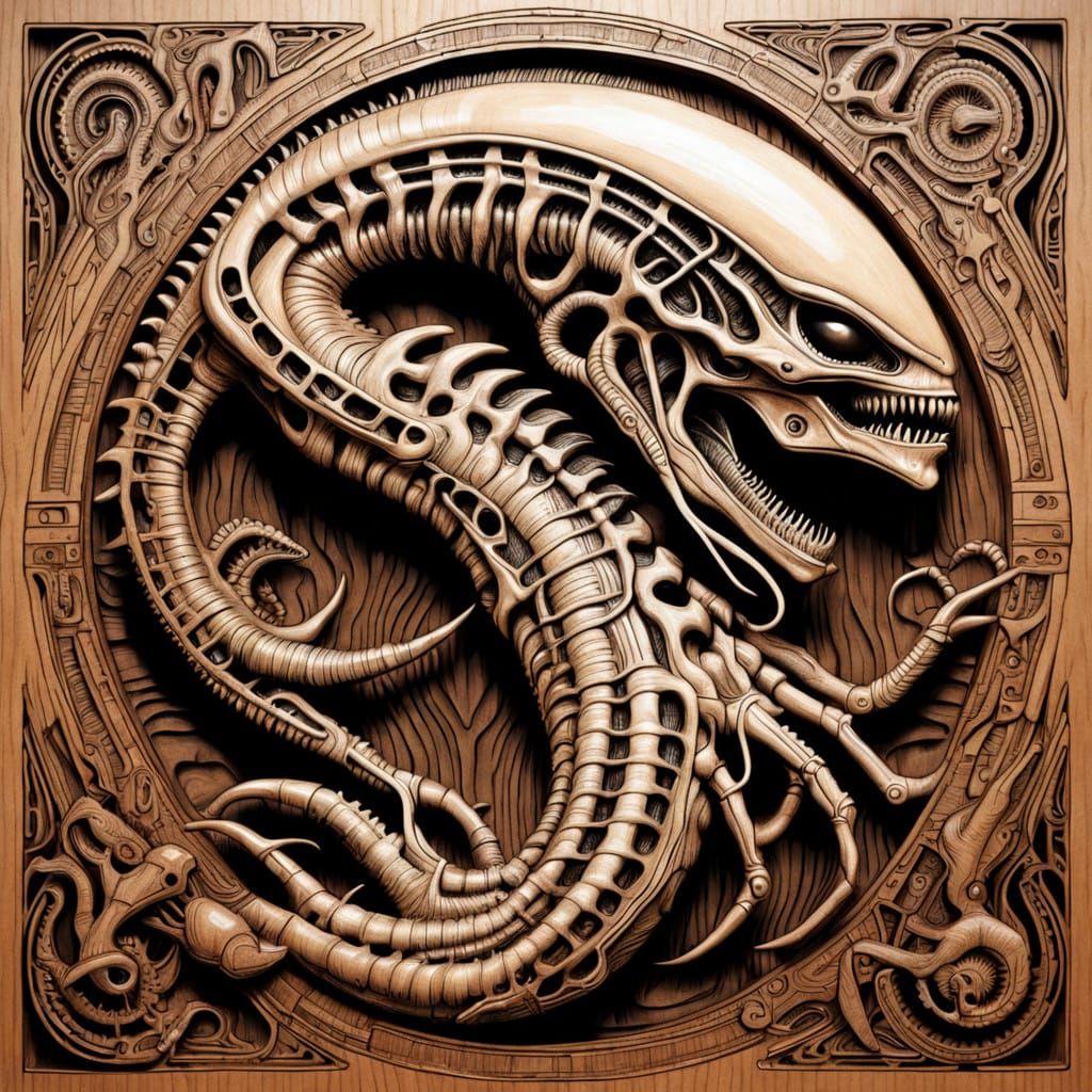 Surreal Xenomorphic Alien in Wood Carving Style