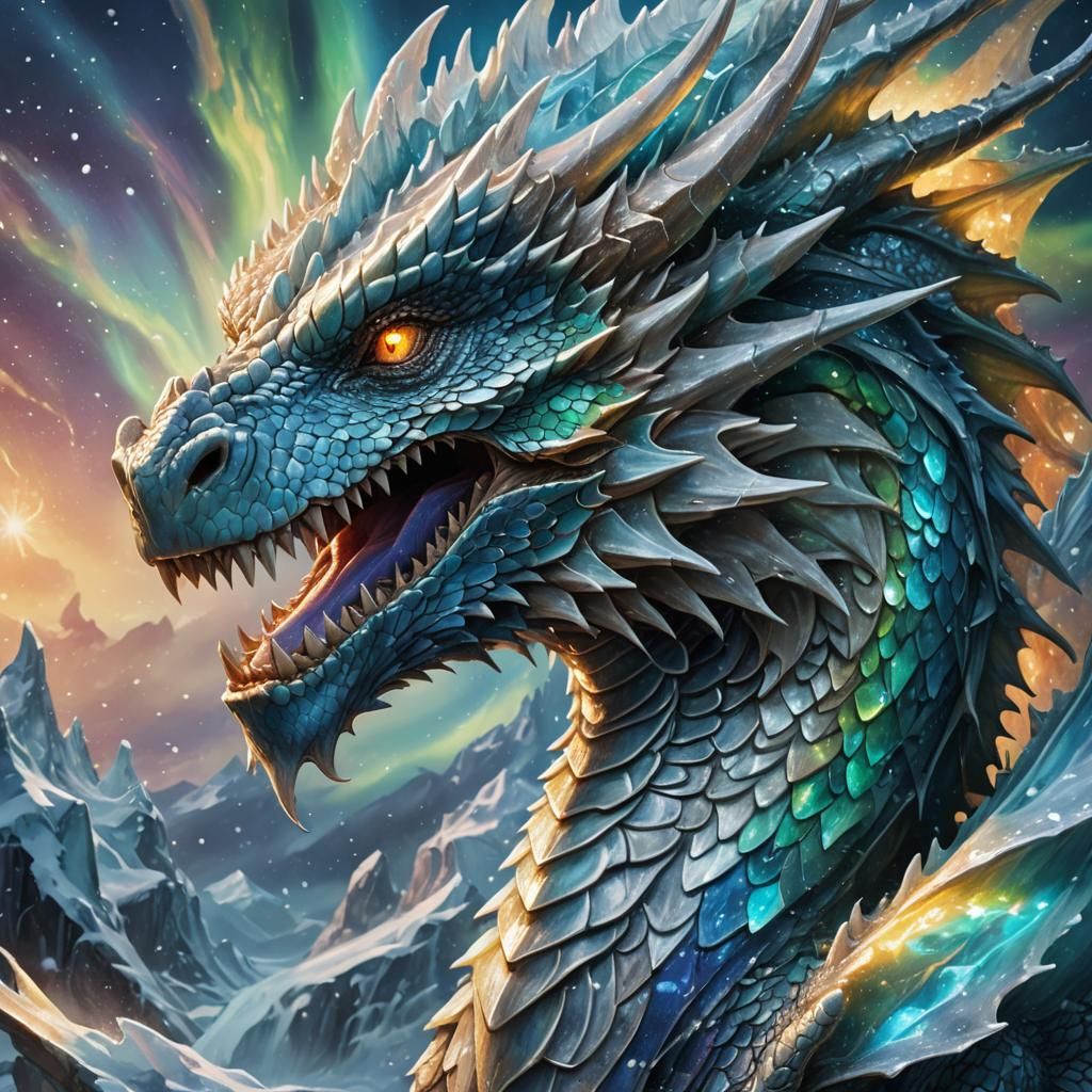 Majestic Ice Dragon Head in Aurora Borealis Light