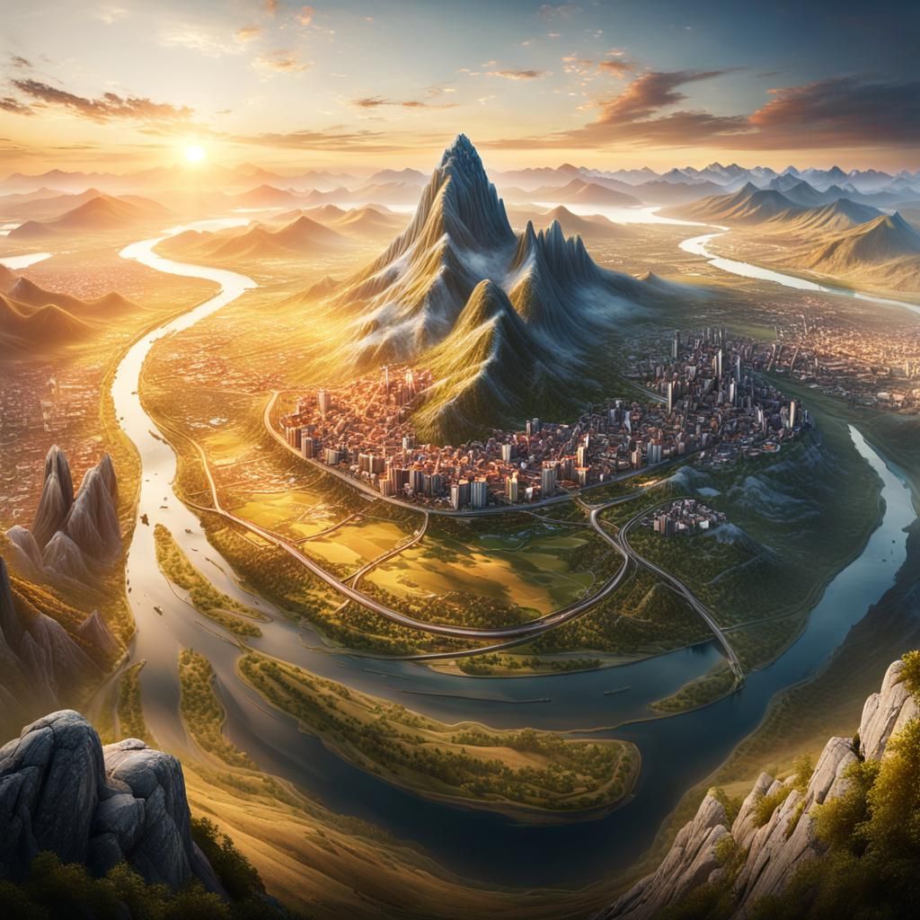 Panoramic Cityscape at Sunset from Mountain Peak