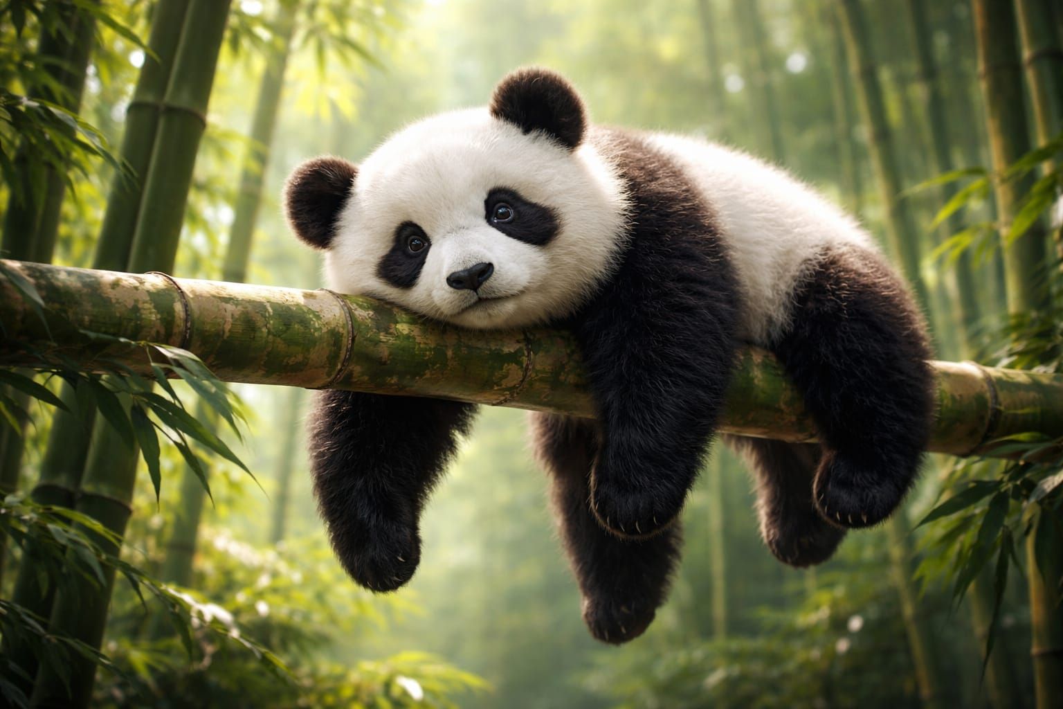 Cute Panda Limp on Bamboo Branch in Fantasy Forest