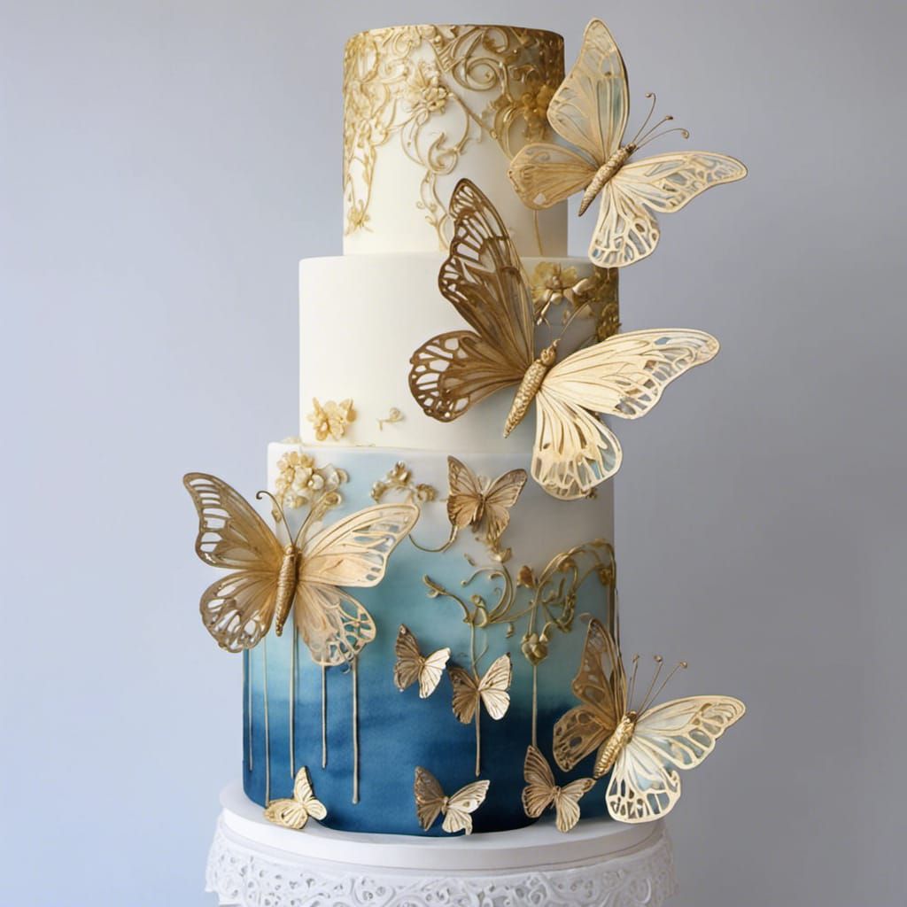 Watercolor Wedding Cake with Gold Butterflies