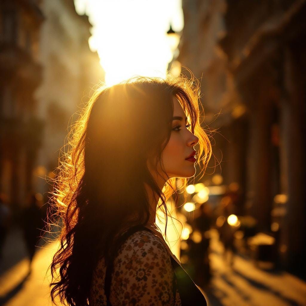 Luminous Woman in Golden Hour Cityscape