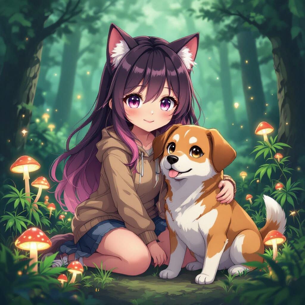 Anime Cat Girl with Husky in Magic Forest