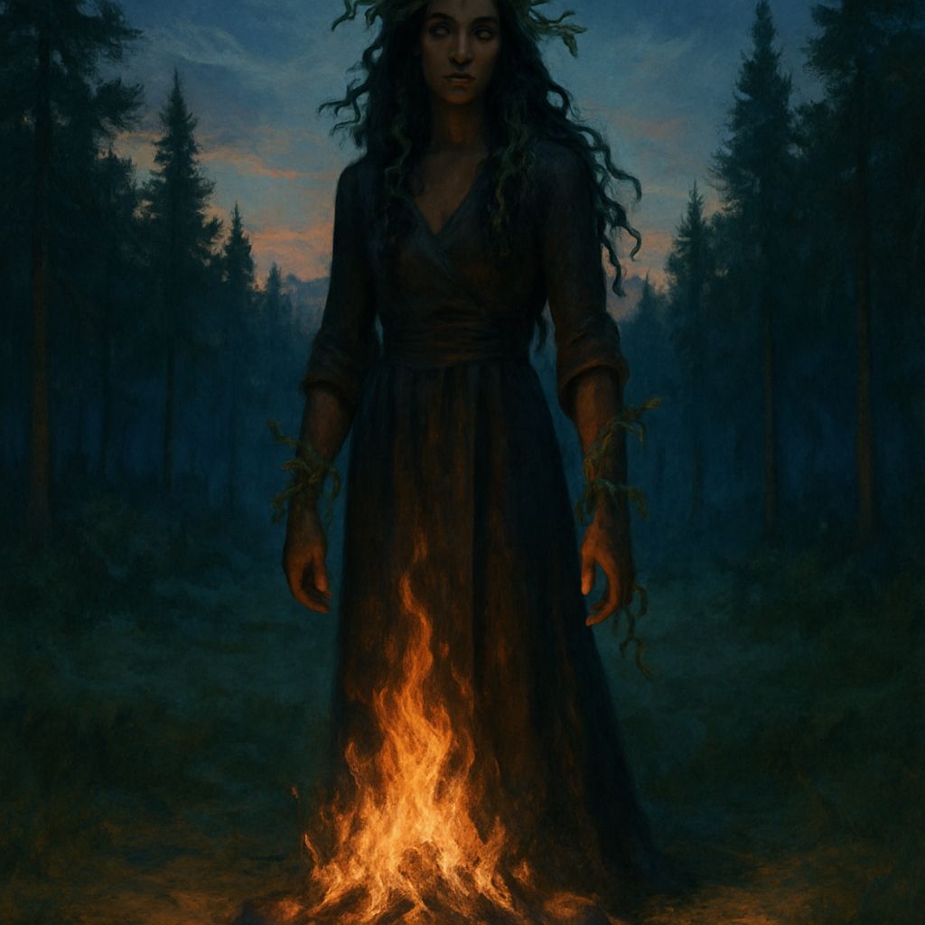 Enigmatic Woman by Campfire in Forest Clearing