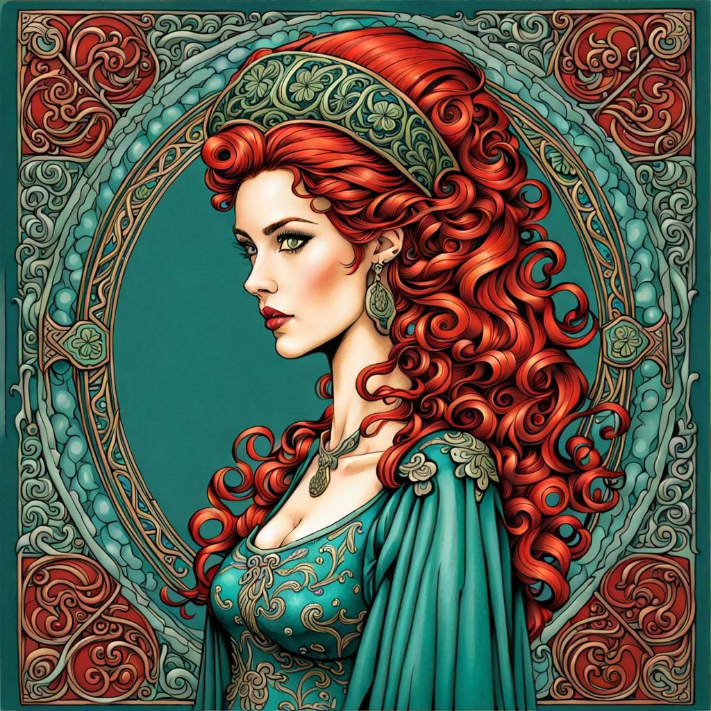 Celtic Goddess with Red Hair and Filigree