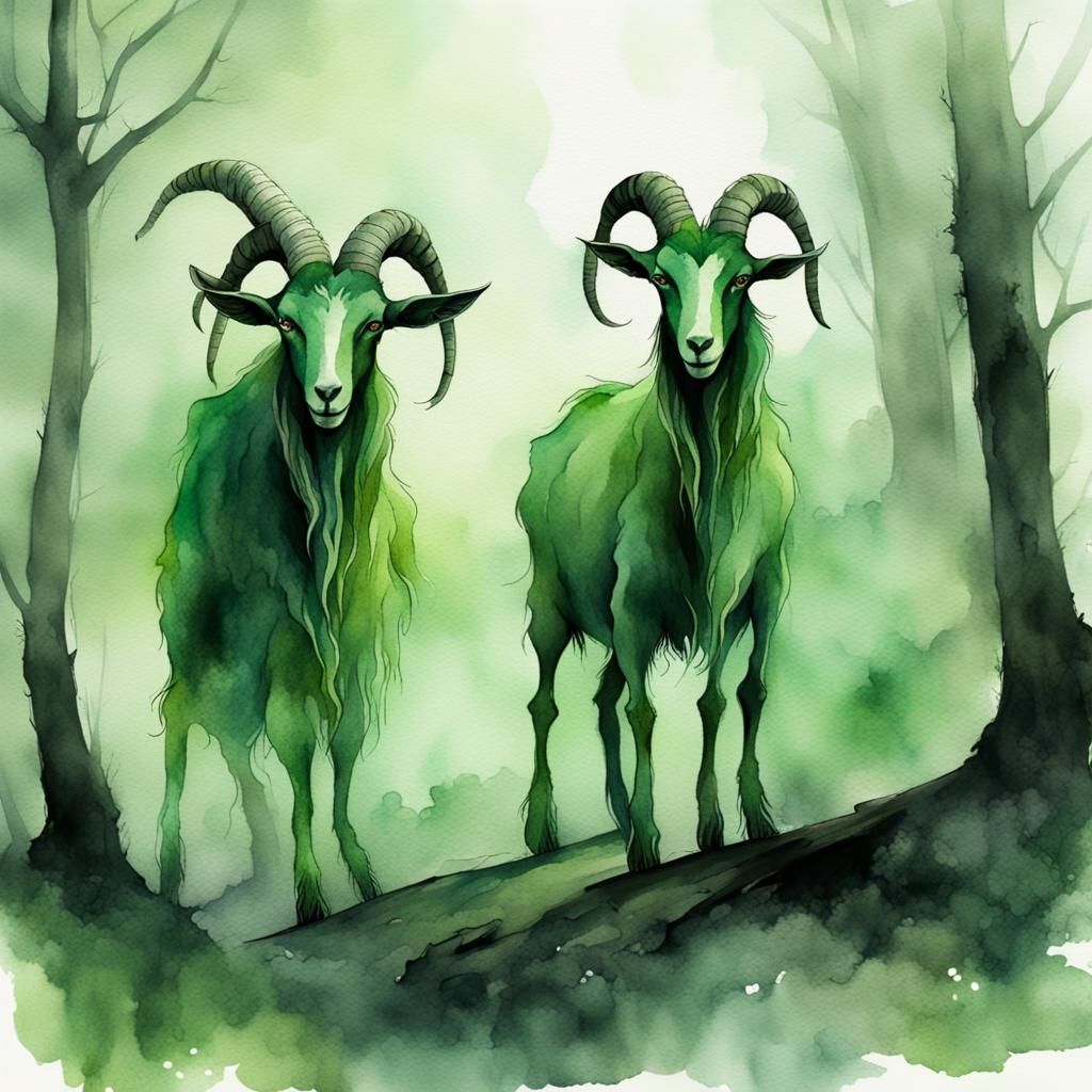 Eerie Green Goats in Sinister Watercolor Fantasy