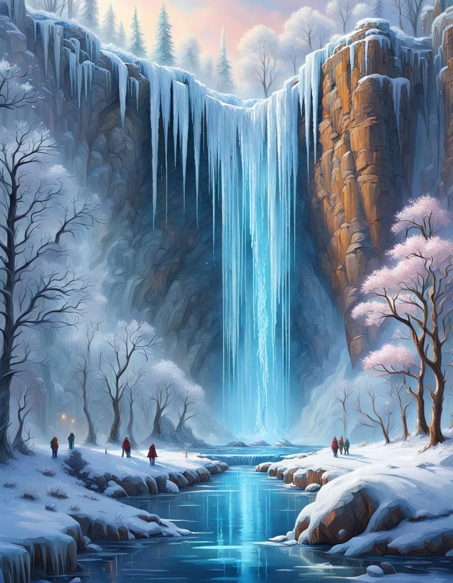 Frozen Waterfall in Detailed Digital Painting Style