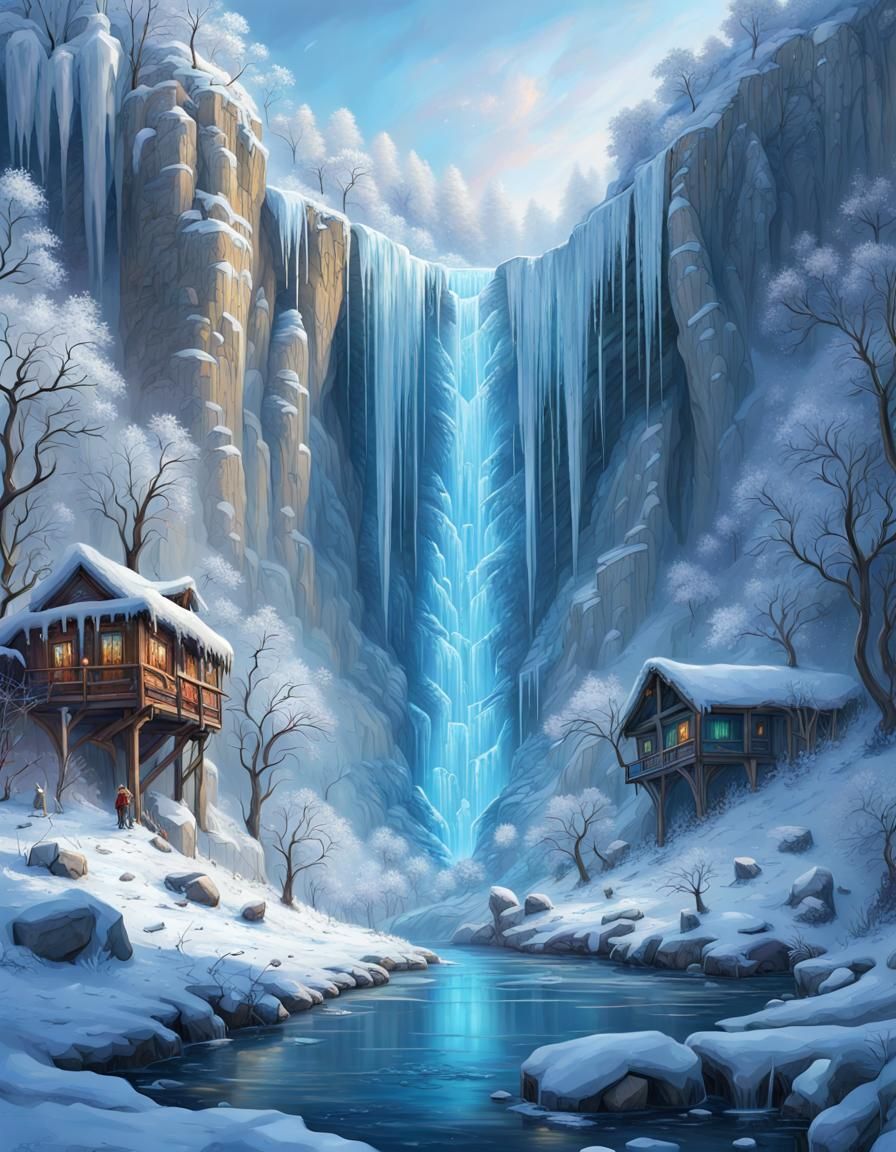 Frozen Waterfall in Winter Landscape: Digital Art