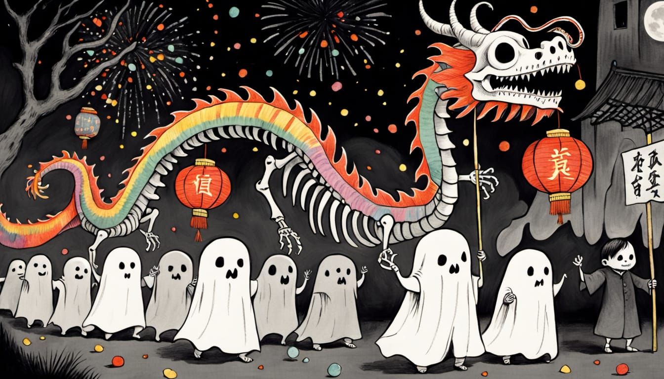 Cute Ghosts Parade Dragon Skeleton in Monochrome Style
