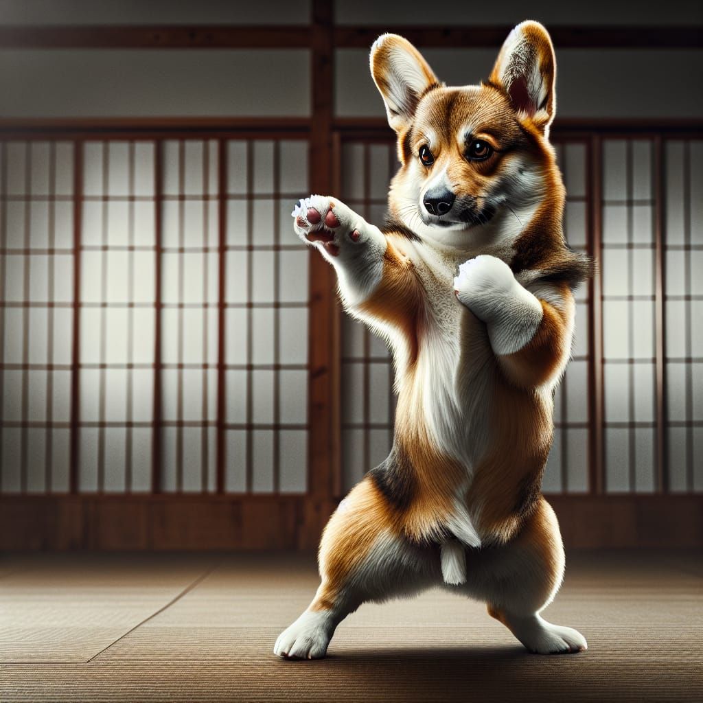 Welsh Corgi in Kung Fu Stance