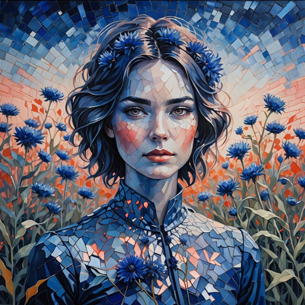 Glam Femme in Electric Cornflower Field as Impasto Painting
