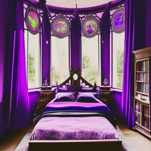 Whimsical purple Gothic bedroom with Beautiful circular windows with neon purple curtains& neon purple whimsical Gothic ...