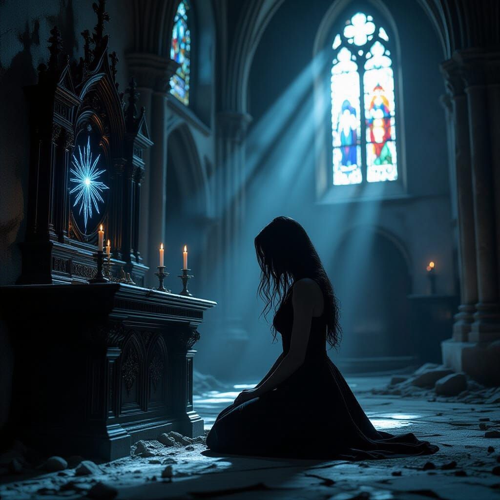 A solitary woman, her face obscured by shadow, kneels at a g...