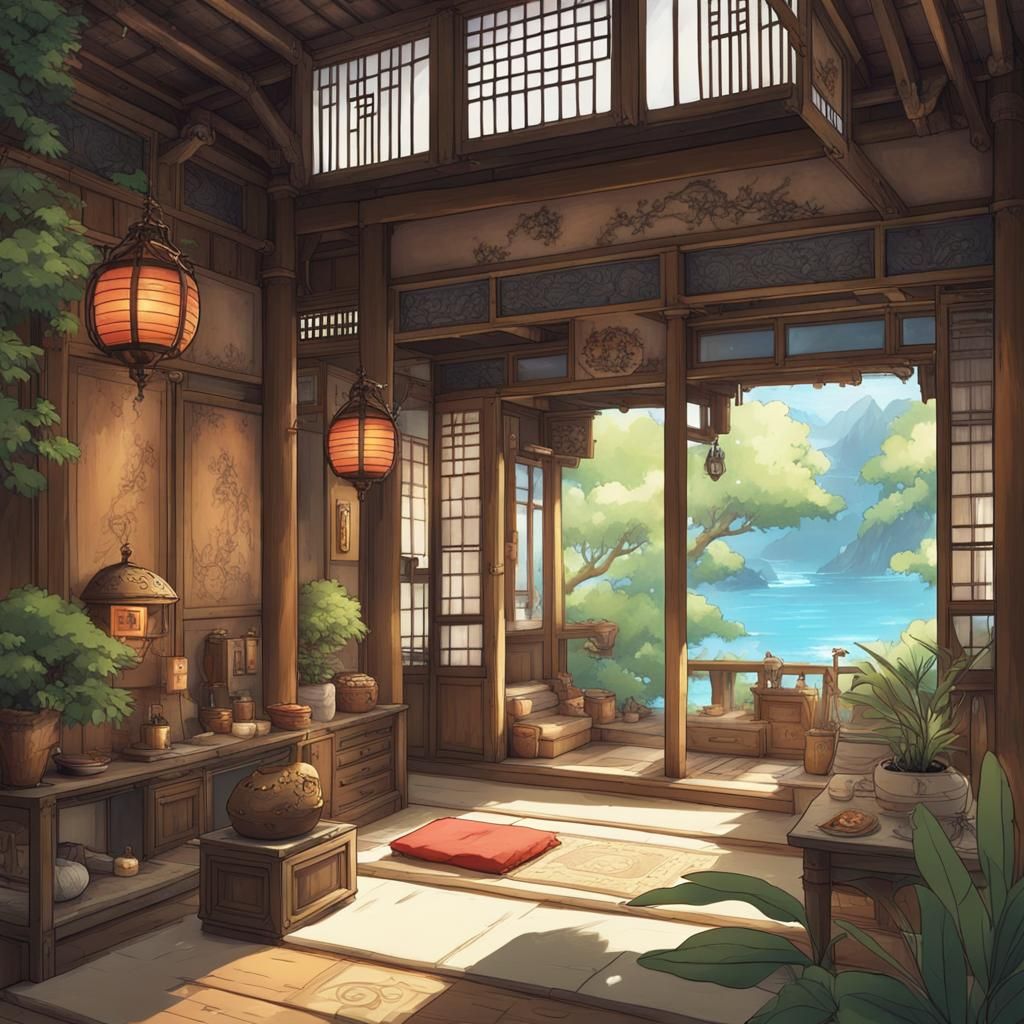 Exotic Island Home Interior in Anime Style