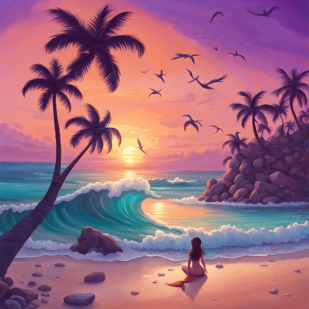 Mermaid at Sunset Beach in Hyperrealistic Style
