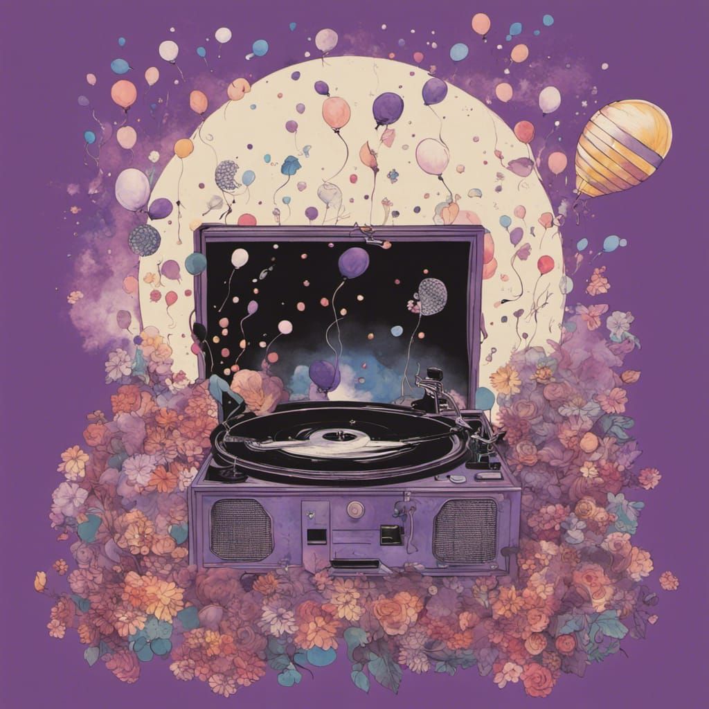 Psychedelic Record Player with Flowers and Balloons