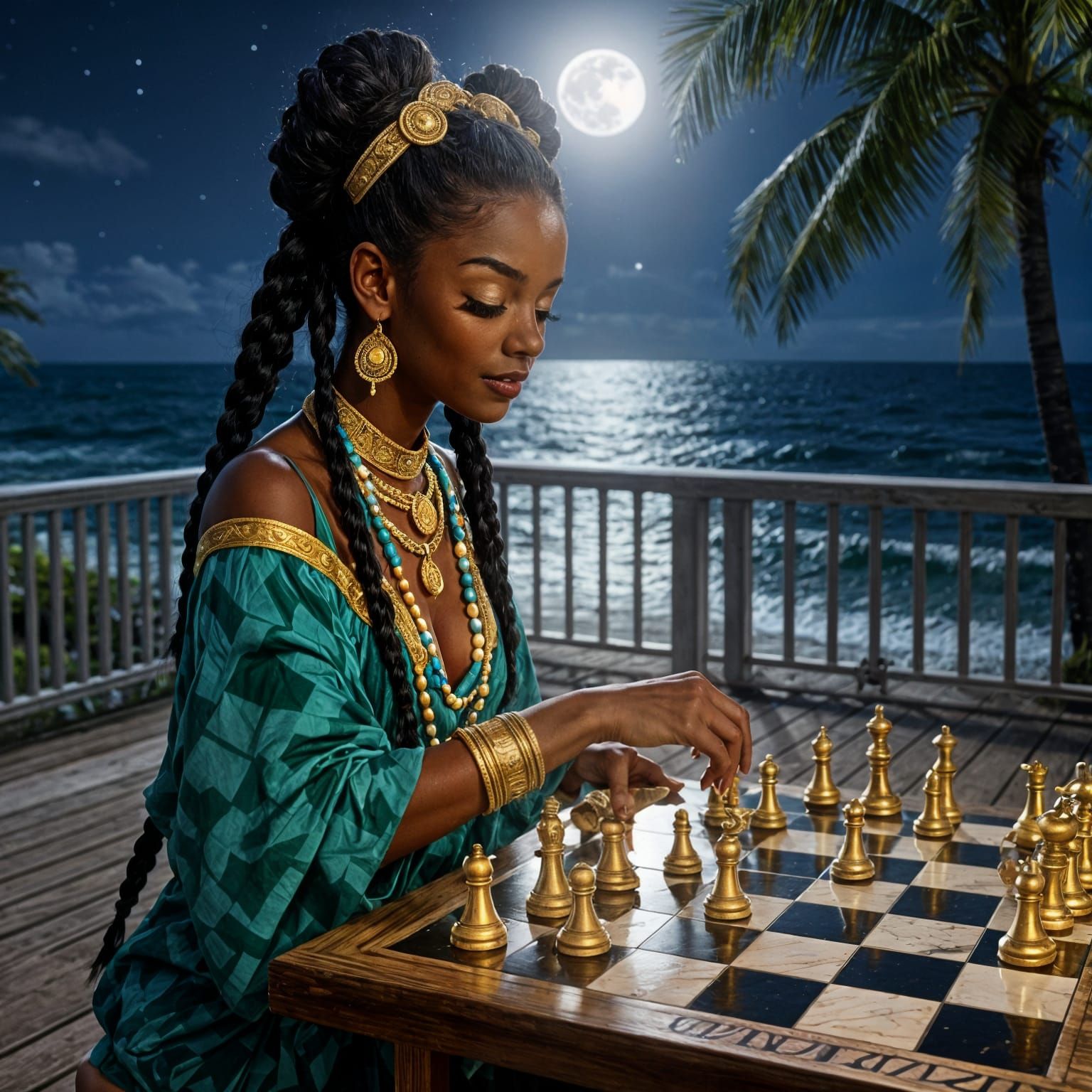 Ocean Deck Chess Game with Palm Trees