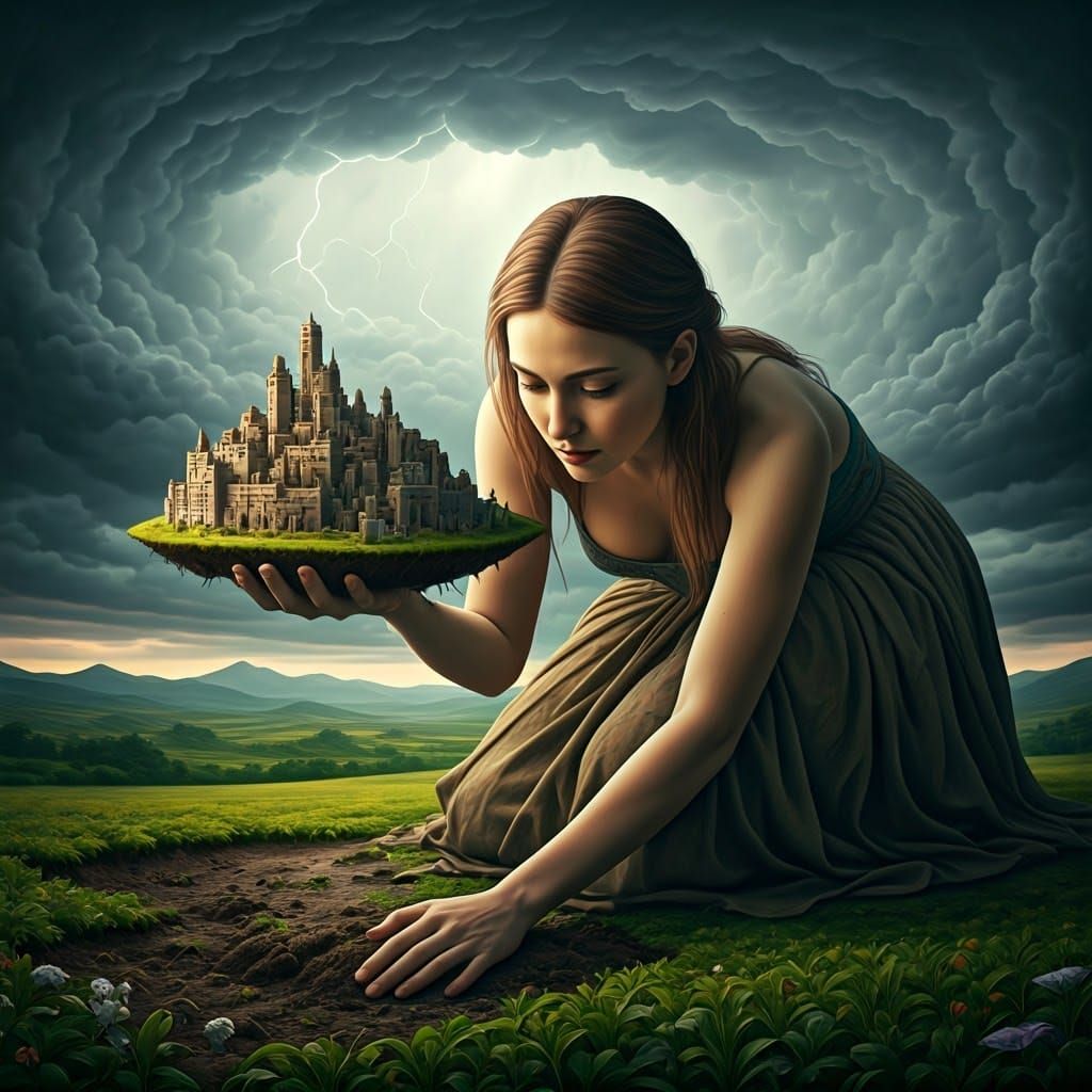 Gigantic Woman Protects Miniature City Under Stormy Sky