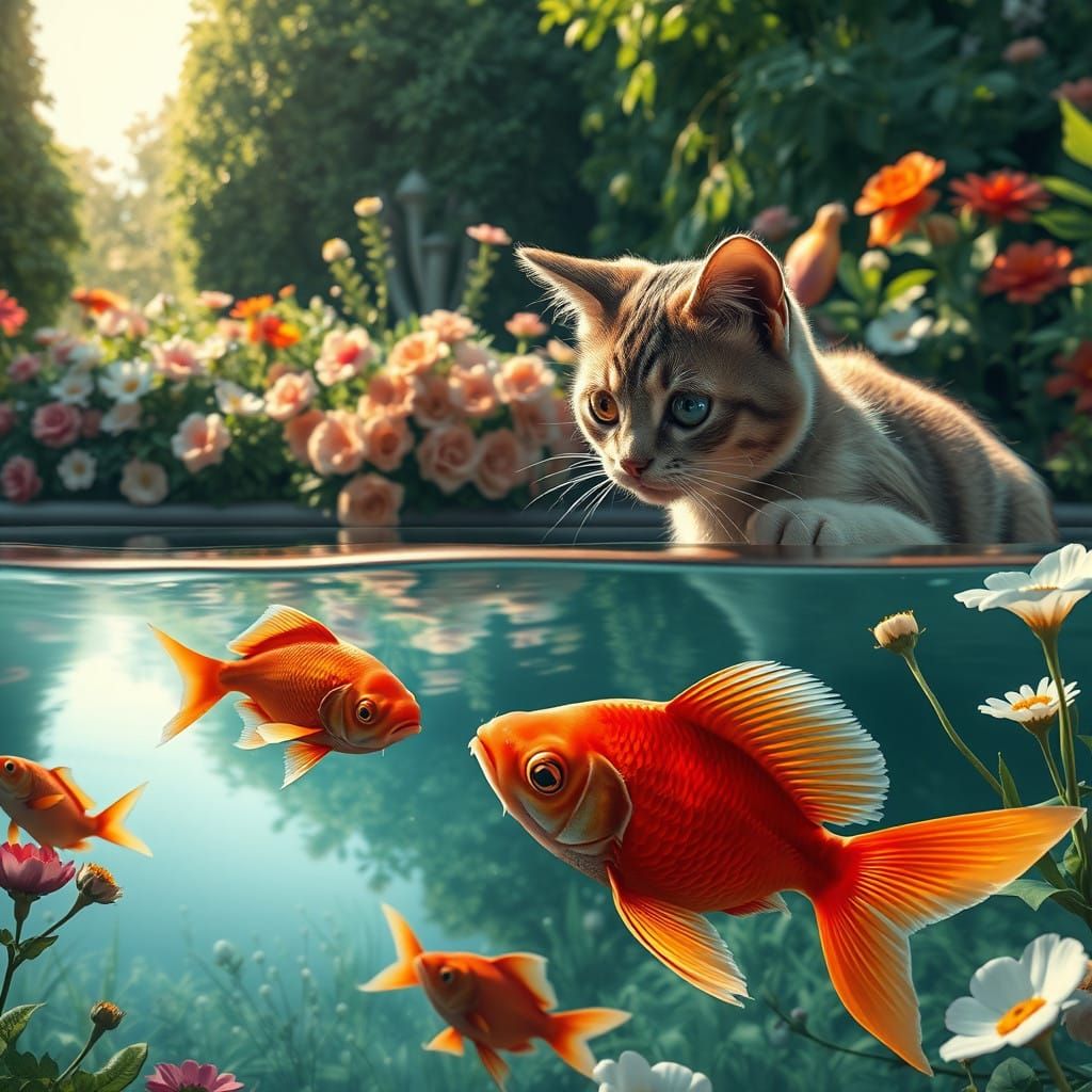 Surreal Garden Scene with Curious Cats and Fish