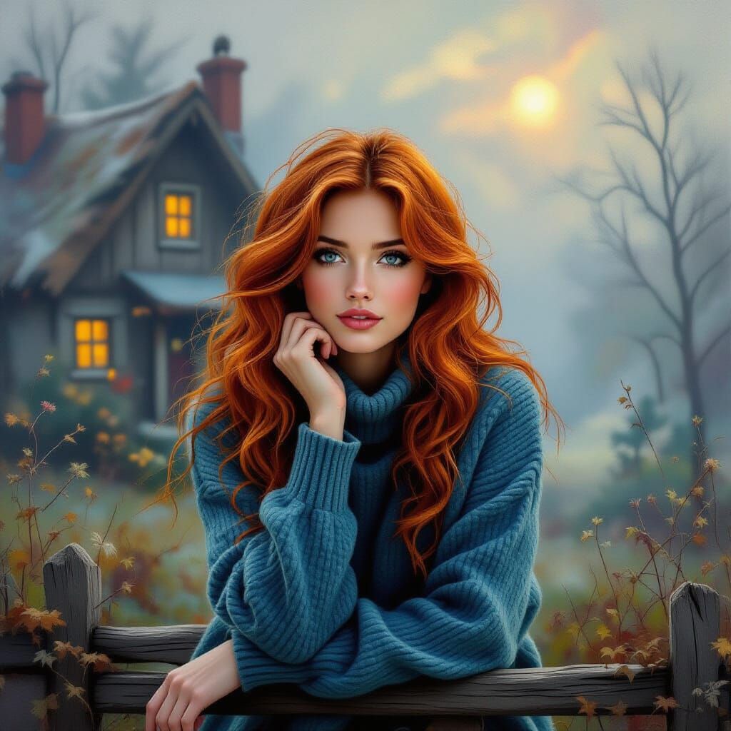 Dreamy Redhead in Ethereal Mist, Digital Painting