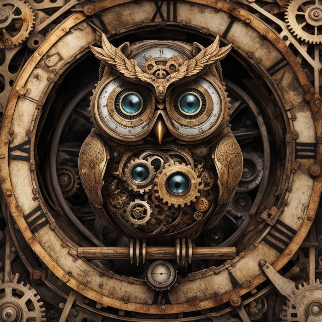 Steampunk Clockwork Owl Made of Gears and Lenses