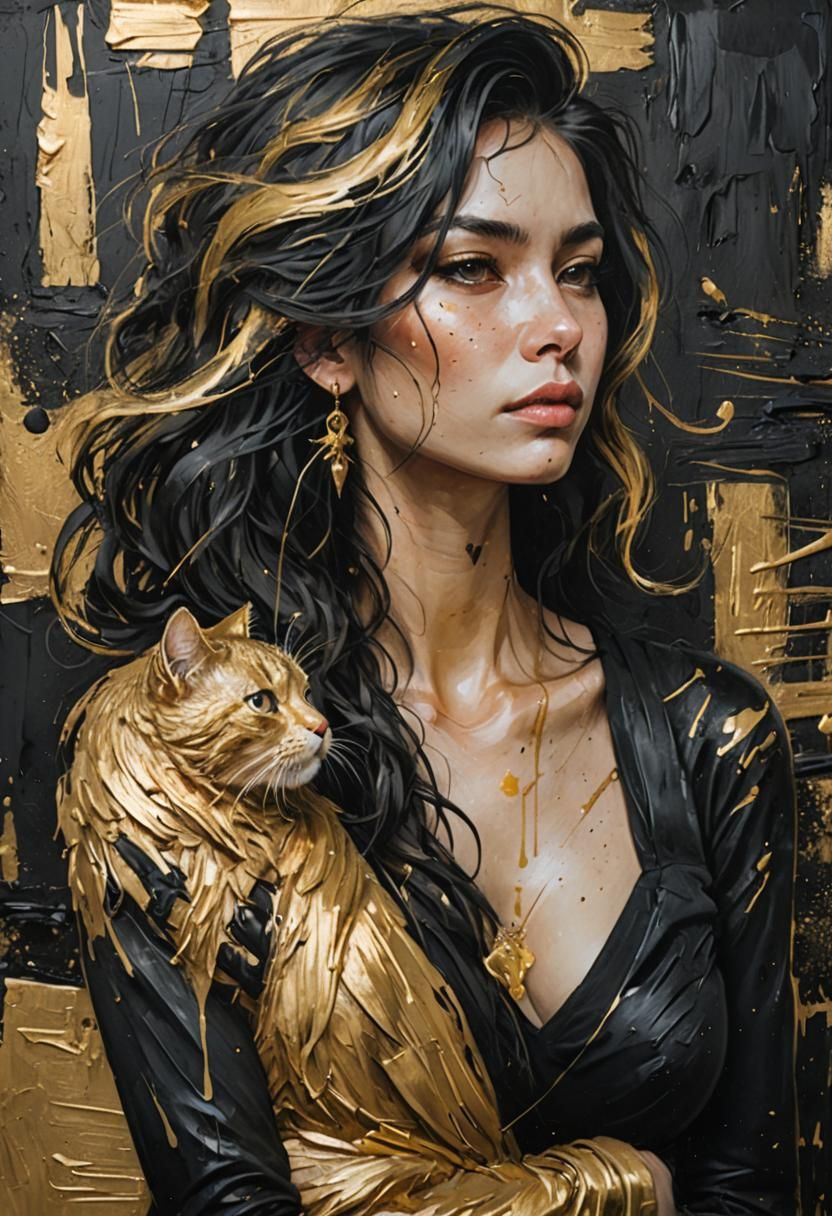 Black and Gold Painting of Woman Holding Cat