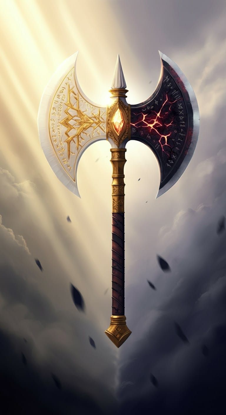 Majestic Duality: A Divine Battleaxe in High-Fantasy Style