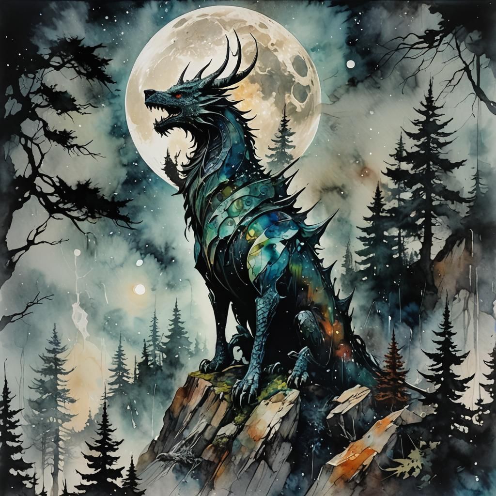 Dragon Viking Ship in Space with Howling Wolf