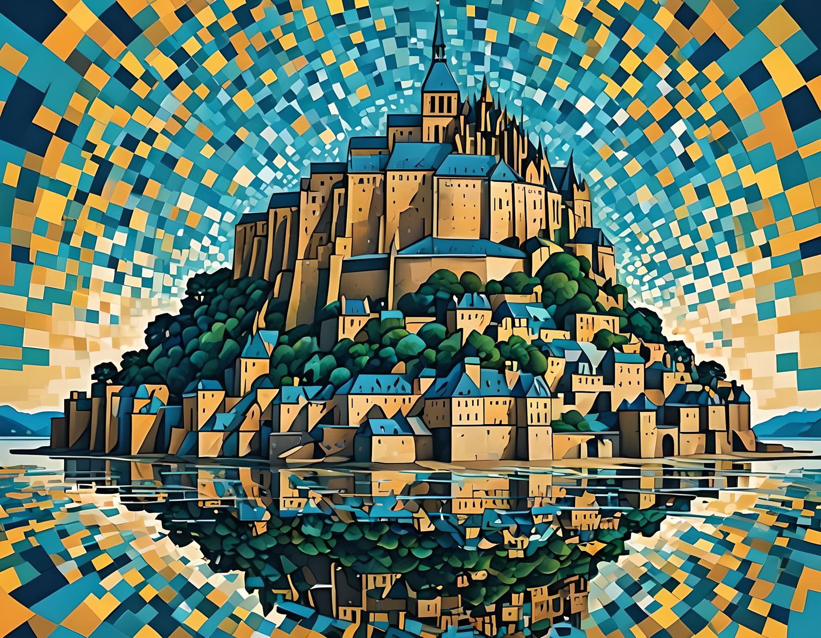 Abstract Cubist Mont Saint-Michel in Vibrant Colors