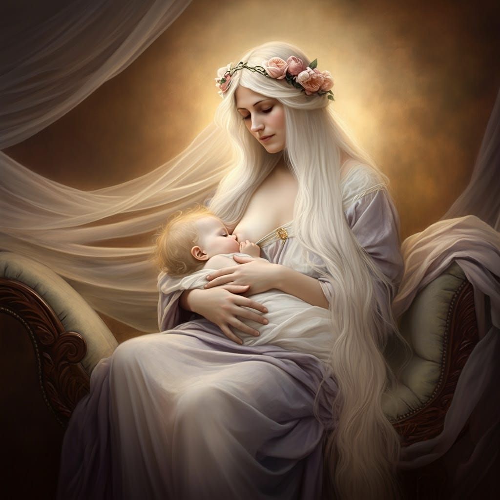 Ethereal Princess with Infant in Soft, Golden Light