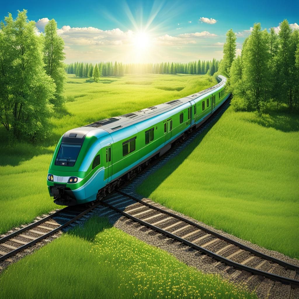 Passenger Train on Green Steppe Under Blue Sky