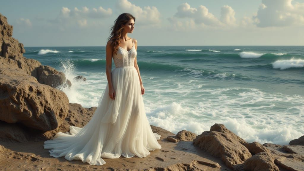 Woman in White Dress on Rocky Coastline
