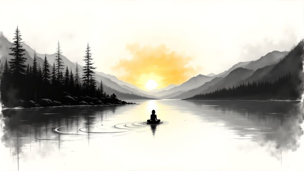 Sunrise Over Crystal Lake in Sumi-e Style