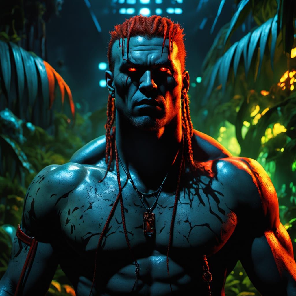 Cyberpunk Vampire Wrestler in Bioluminescent Jungle
