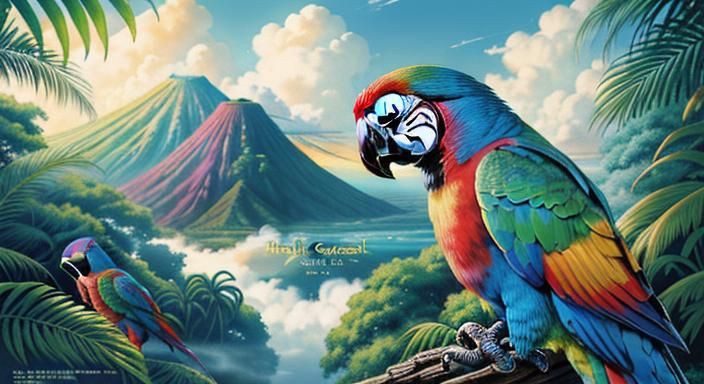 Colorful Parrots in 1940s Tropical Forest, Anime Style