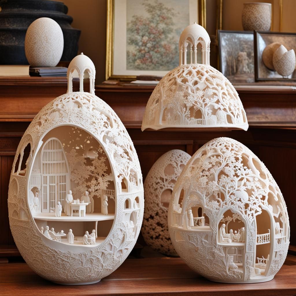 Intricate Eggshell Carving with Miniature People
