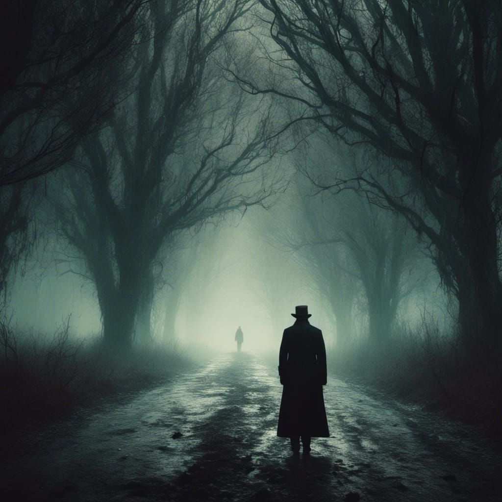 Dark Surrealism: Figure on Mist-Shrouded Road