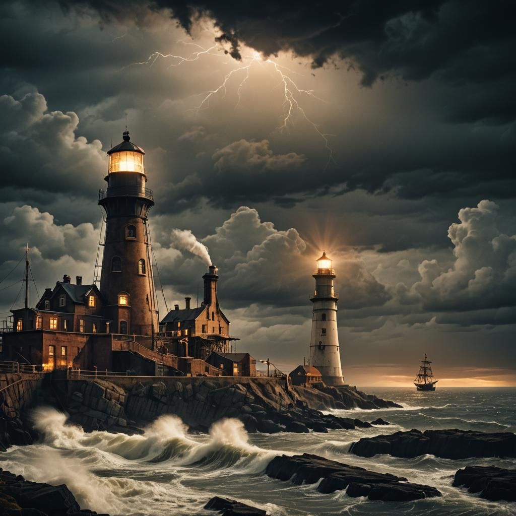 Steampunk Lighthouse at Night in Industrial Landscape