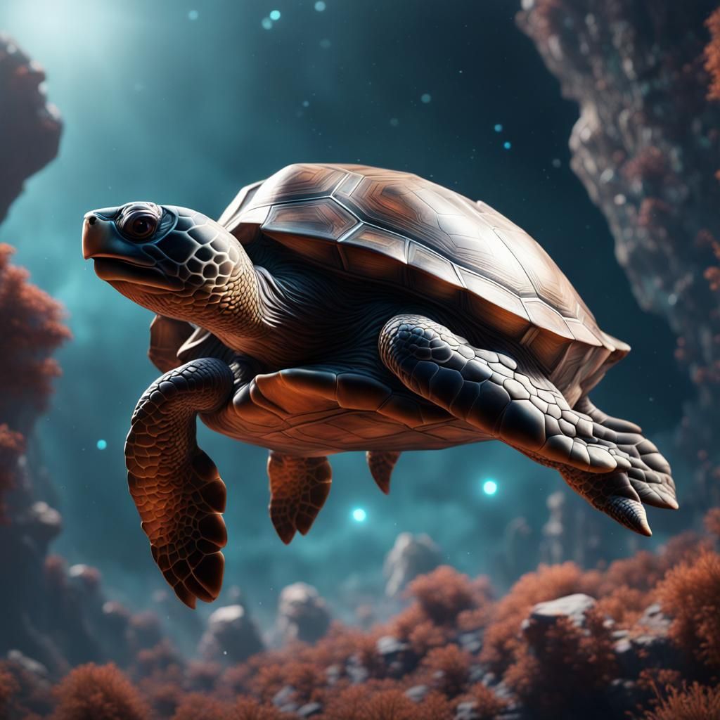 Crystal Turtle Flies Through Space in Digital Art