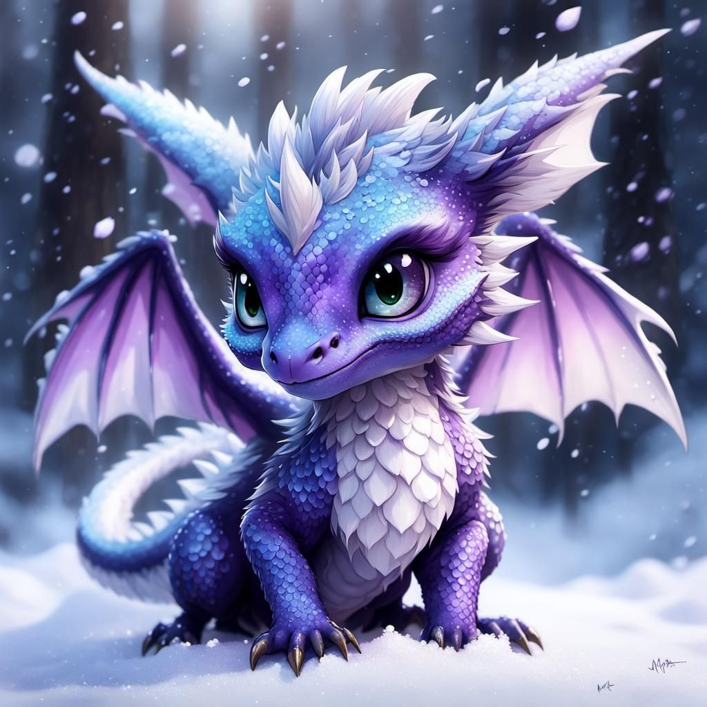 Chibi Dragon Playing in Snow, Digital Art